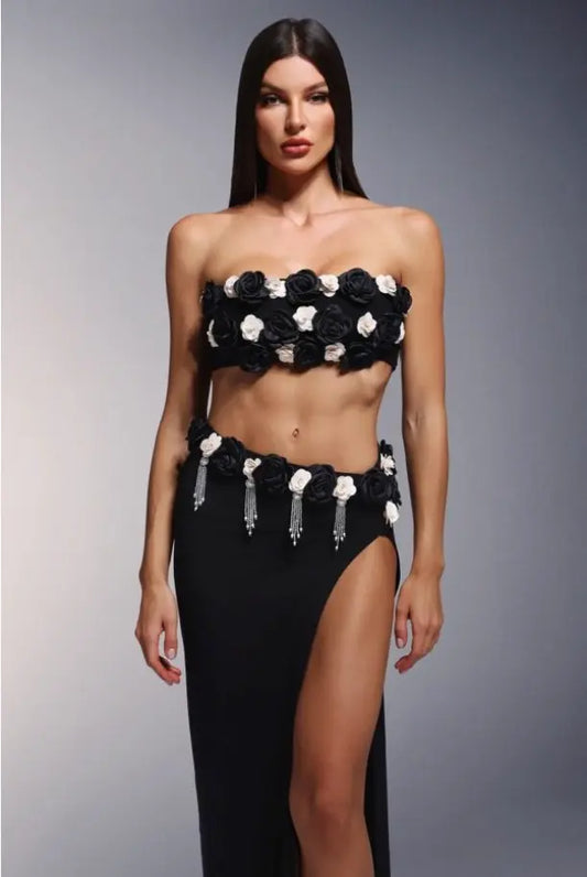 3D Floral Strapless Crop Top with Asymmetrical Waist Design & Tassel High-Slit Maxi Skirt