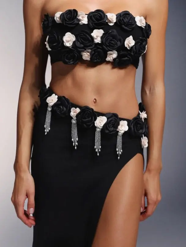 3D Floral Strapless Crop Top with Asymmetrical Waist Design & Tassel High-Slit Maxi Skirt