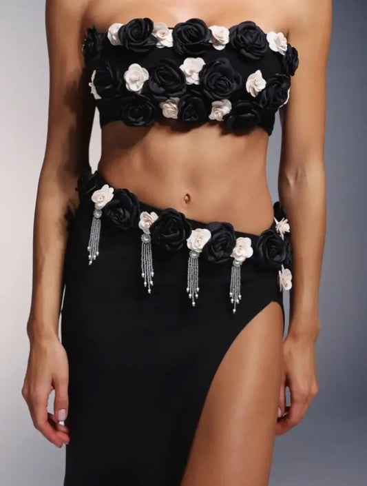 3D Floral Strapless Crop Top with Asymmetrical Waist Design & Tassel High-Slit Maxi Skirt