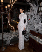 High-Neck Long-Sleeve Corset-Inspired White Lace Dress