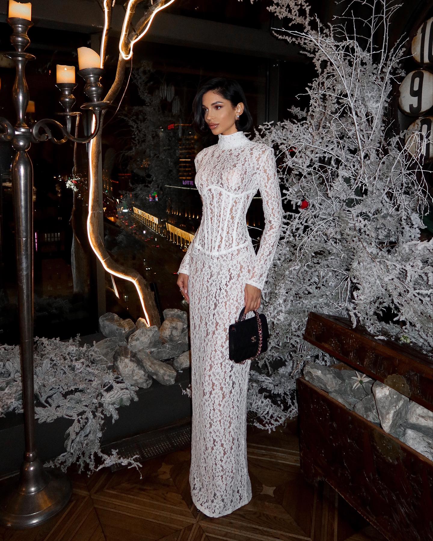 High-Neck Long-Sleeve Corset-Inspired White Lace Dress