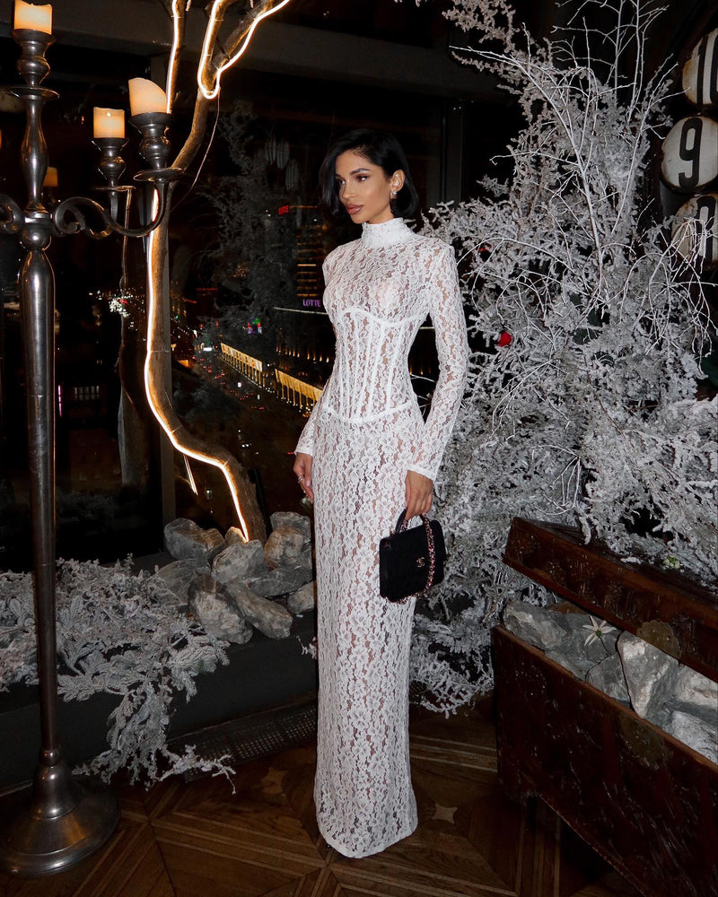 High-Neck Long-Sleeve Corset-Inspired White Lace Dress