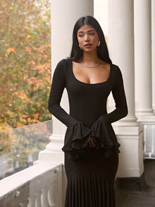 Square Neck Ruffle Long-Sleeve Asymmetrical Hem Maxi Dress