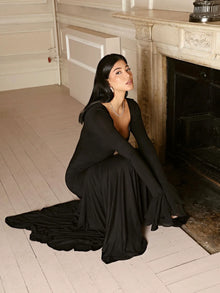 Square Neck Ruffle Long-Sleeve Asymmetrical Hem Maxi Dress