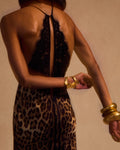 Halter Deep V-Neck Lace and Satin Leopard-Print Splicing Mermaid  Dress