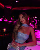 Scarf-Style Bandeau Mesh Rhinestone Waist Cut-Out Dress