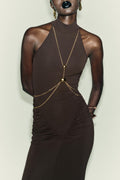 High-Neck Sleeveless Ruched Metal-Chain-Detail Bodycon Dress