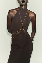 High-Neck Sleeveless Ruched Metal-Chain-Detail Bodycon Dress