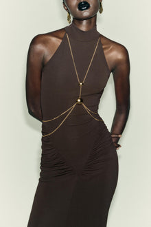 High-Neck Sleeveless Ruched Metal-Chain-Detail Bodycon Dress