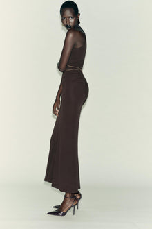 High-Neck Sleeveless Ruched Metal-Chain-Detail Bodycon Dress