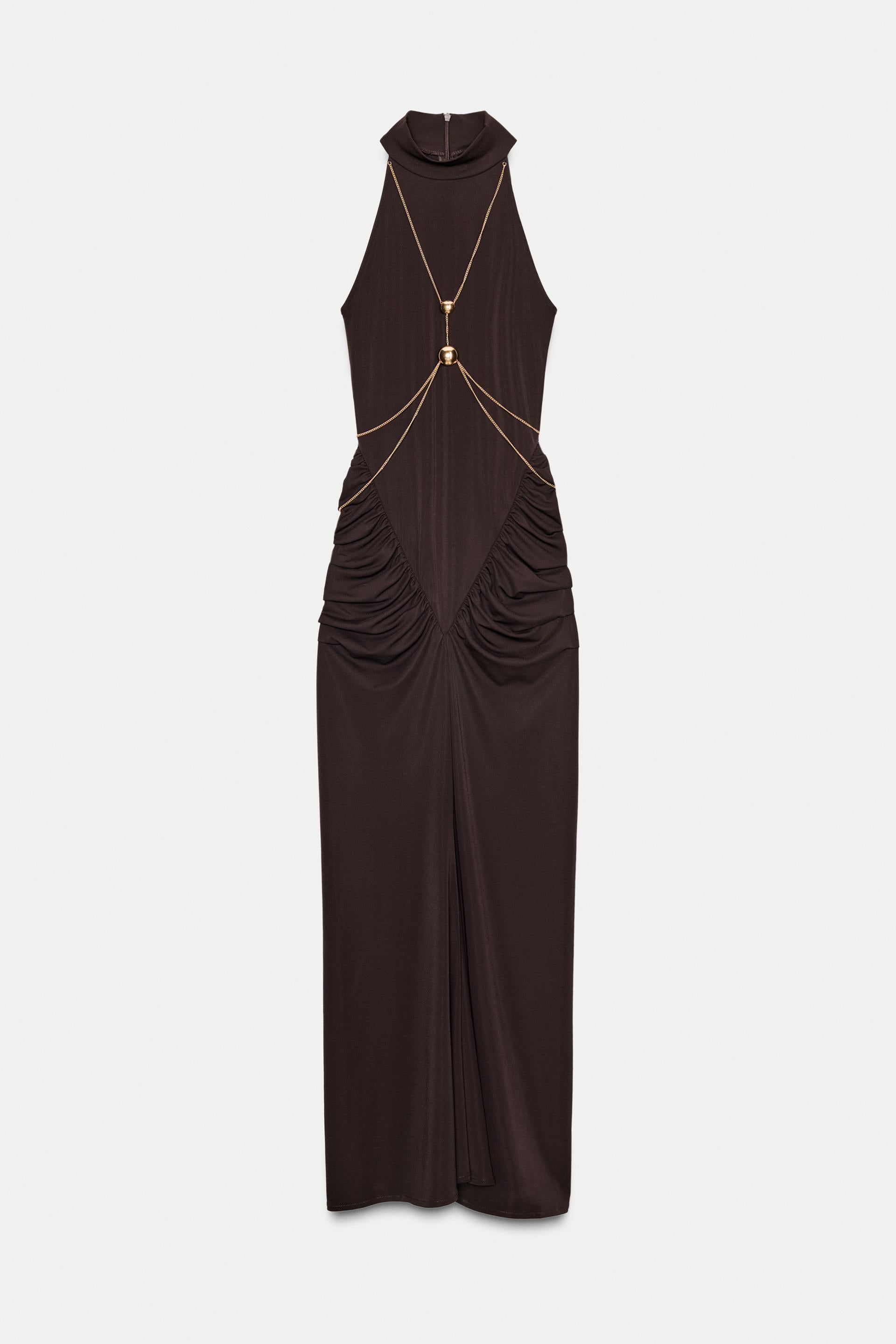 High-Neck Sleeveless Ruched Metal-Chain-Detail Bodycon Dress