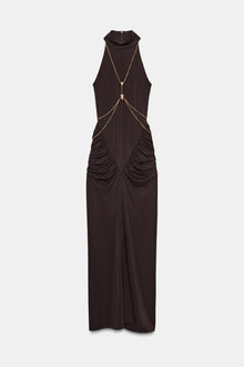 High-Neck Sleeveless Ruched Metal-Chain-Detail Bodycon Dress
