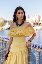 Off-Shoulder / Square-Neck Ruffle Midi Dress