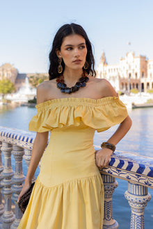 Off-Shoulder / Square-Neck Ruffle Midi Dress
