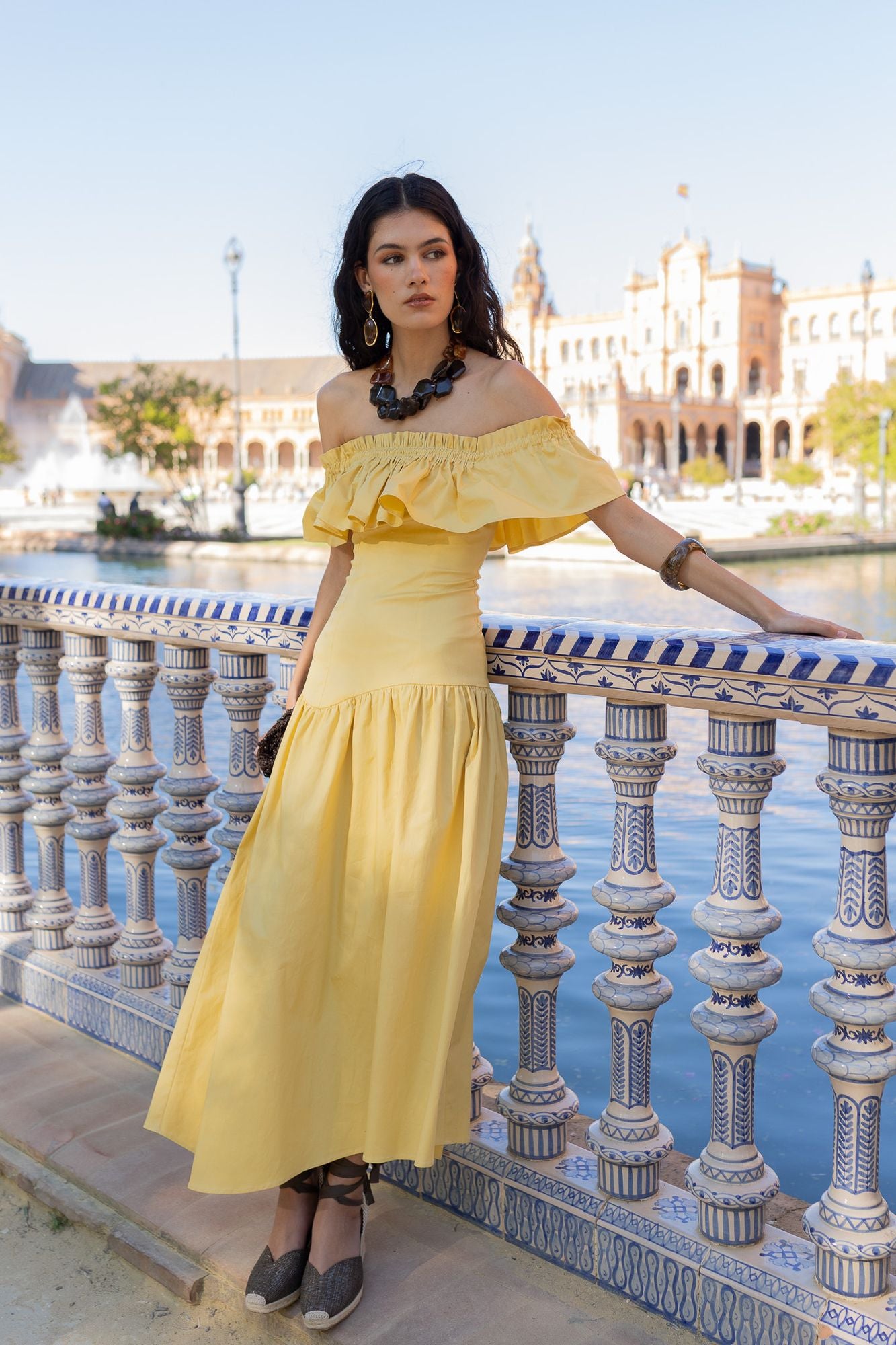 Off-Shoulder / Square-Neck Ruffle Midi Dress