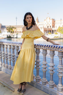 Off-Shoulder / Square-Neck Ruffle Midi Dress