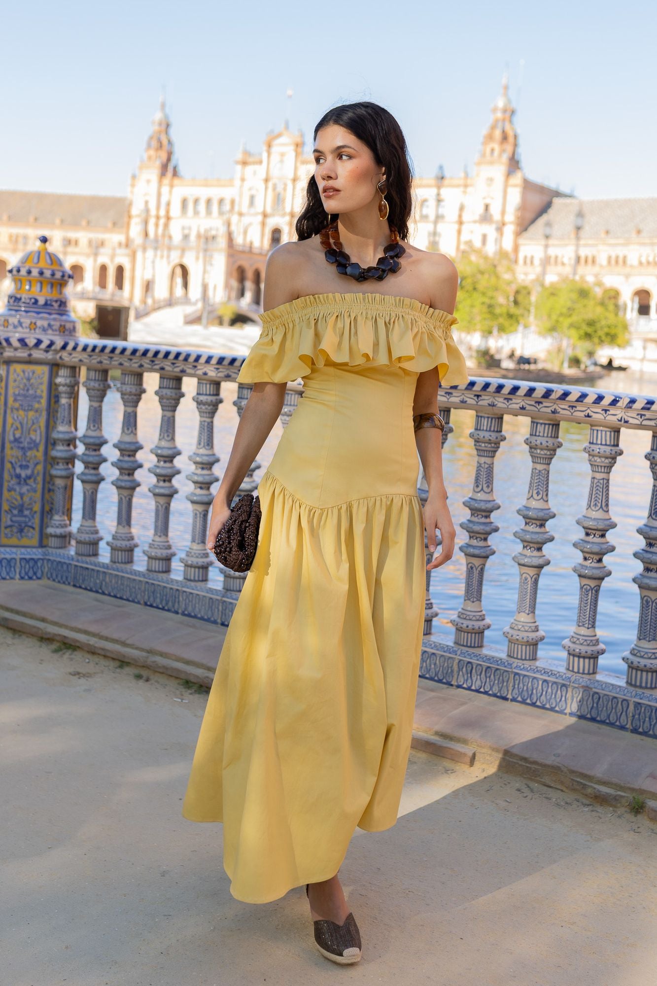 Off-Shoulder / Square-Neck Ruffle Midi Dress
