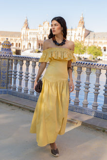 Off-Shoulder / Square-Neck Ruffle Midi Dress