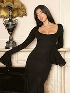 Square Neck Ruffle Long-Sleeve Asymmetrical Hem Maxi Dress