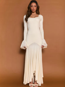 Square Neck Ruffle Long-Sleeve Asymmetrical Hem Maxi Dress