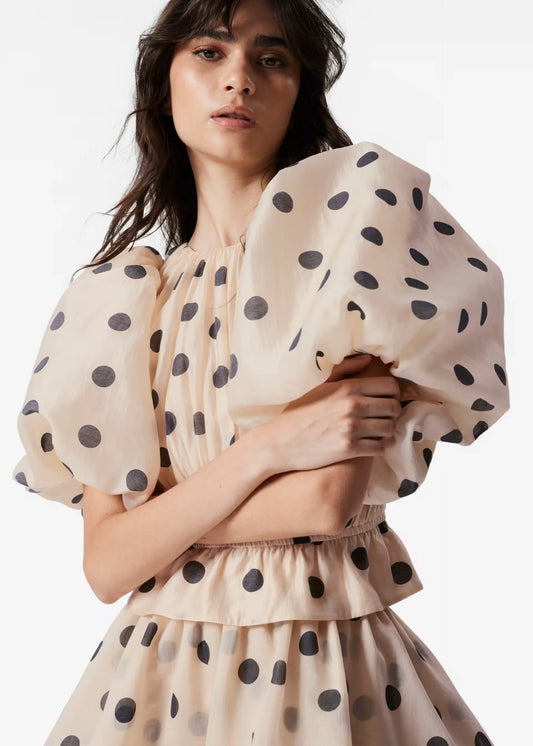 Polka Dot Lantern Sleeve Ruched Waist Top Tiered Skirt Set