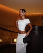 Asymmetric Off-Shoulder Sleeveless Cropped Top with Ruched Bodycon Back-Slit Skirt Two-Piece Set