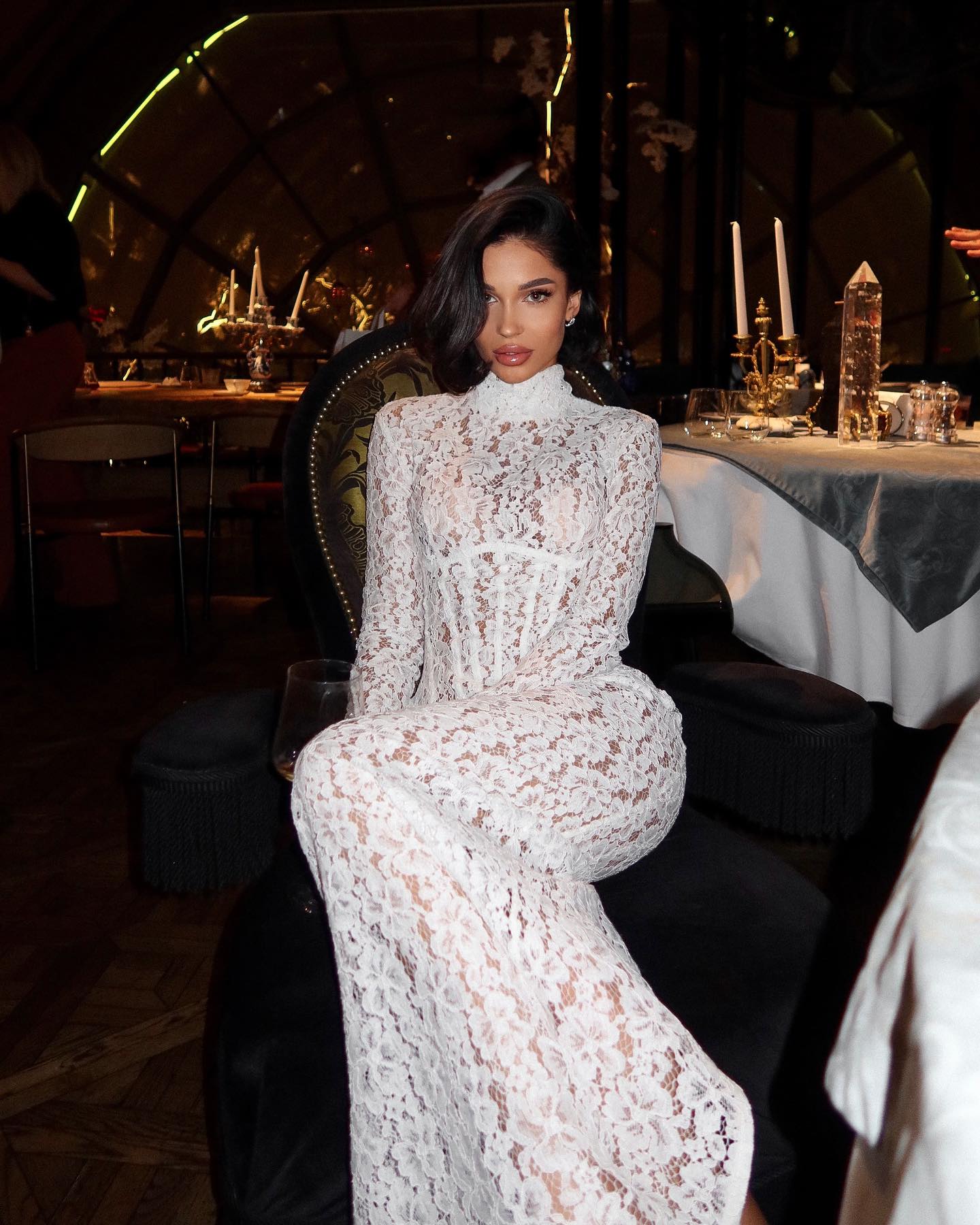 High-Neck Long-Sleeve Corset-Inspired White Lace Dress