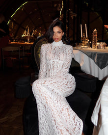 High-Neck Long-Sleeve Corset-Inspired White Lace Dress