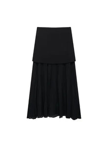 Vest-Style V-Neck Top & Mesh-Panel Skirt Set