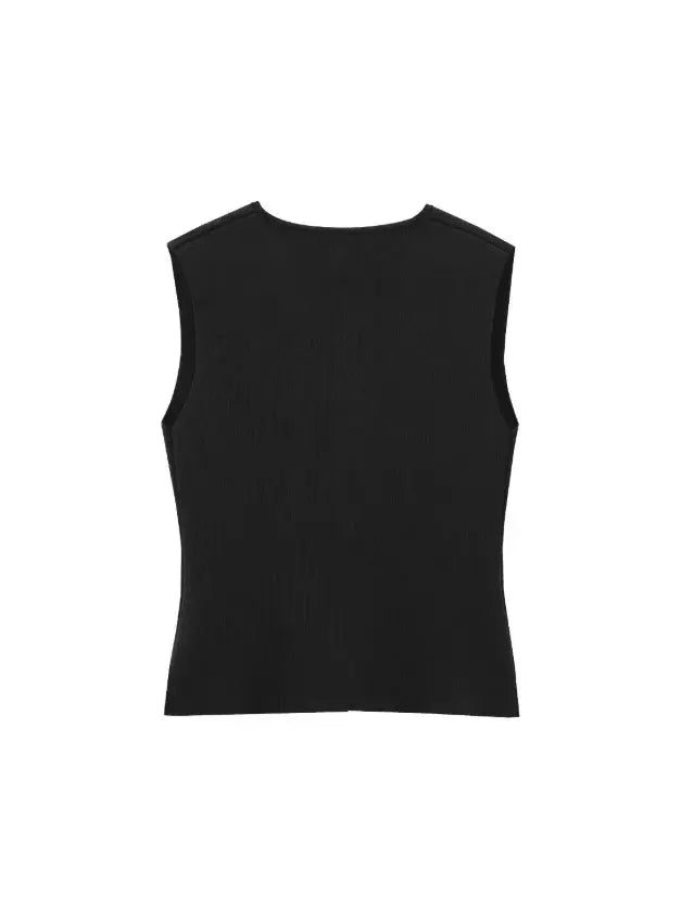 Vest-Style V-Neck Top & Mesh-Panel Skirt Set