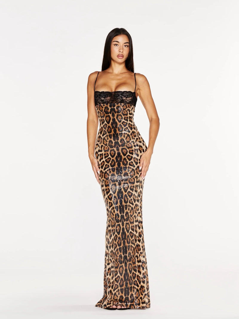 Spaghetti Strap Lace-Trim Sequin Leopard Bodycon Mermaid Dress