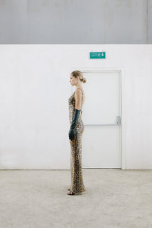 Two-Piece Sequin Leopard Spaghetti Strap Dress with Pullover Cape