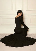 Square Neck Ruffle Long-Sleeve Asymmetrical Hem Maxi Dress