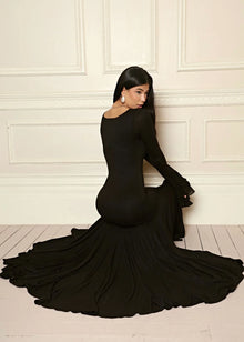 Square Neck Ruffle Long-Sleeve Asymmetrical Hem Maxi Dress