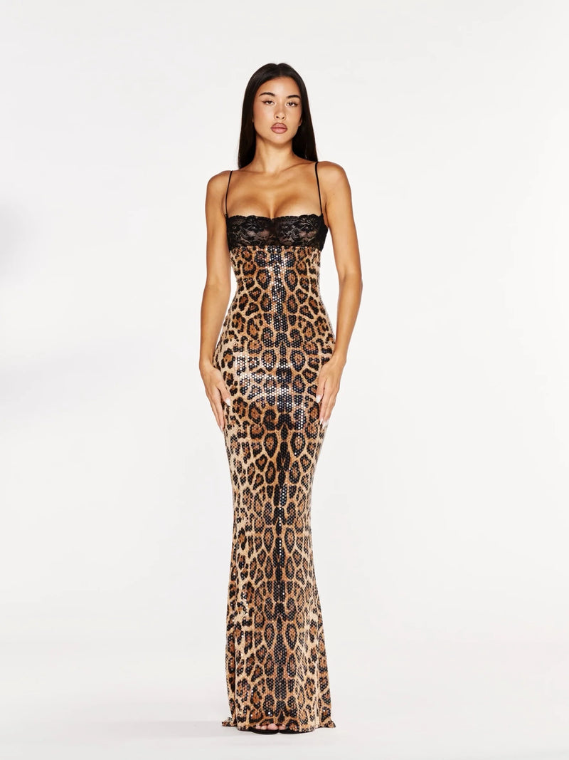 Spaghetti Strap Lace-Trim Sequin Leopard Bodycon Mermaid Dress