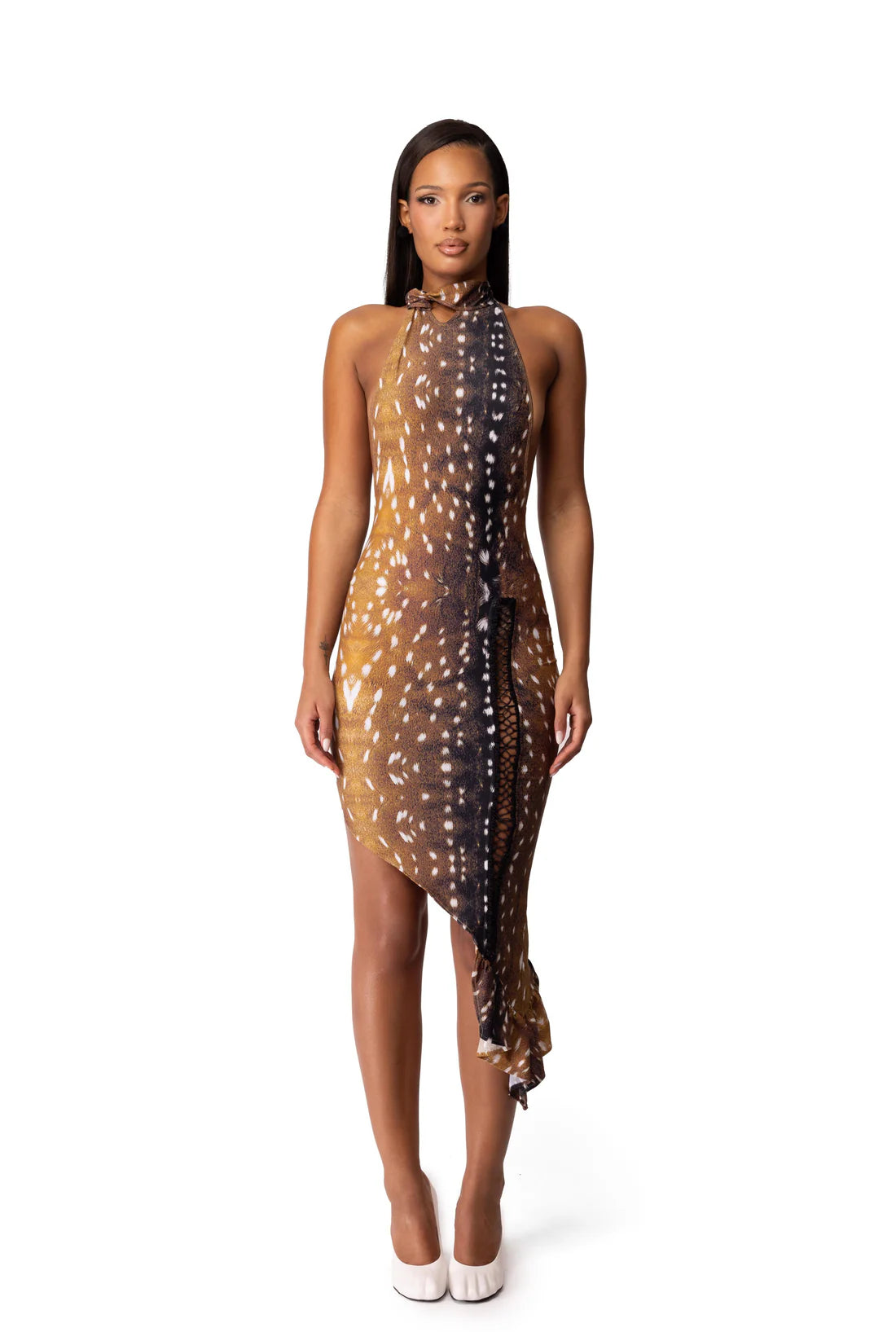 Halter Backless Asymmetric-Hem Animal-Print Bodycon Dress