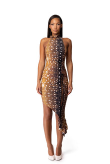 Halter Backless Asymmetric-Hem Animal-Print Bodycon Dress