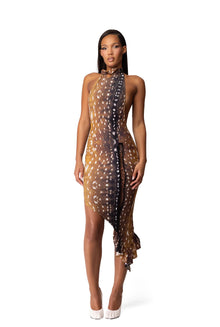 Halter Backless Asymmetric-Hem Animal-Print Bodycon Dress