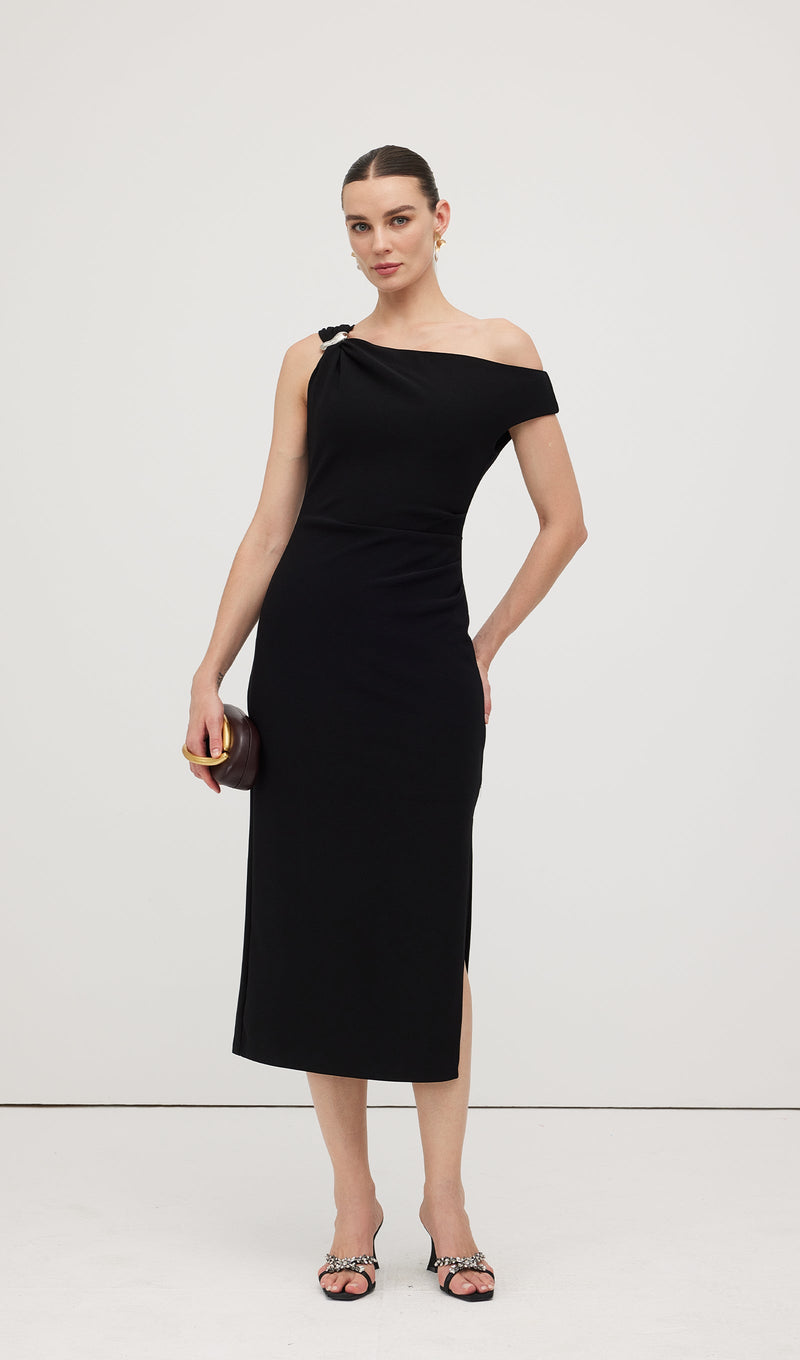 Asymmetric Metallic Midi Dress