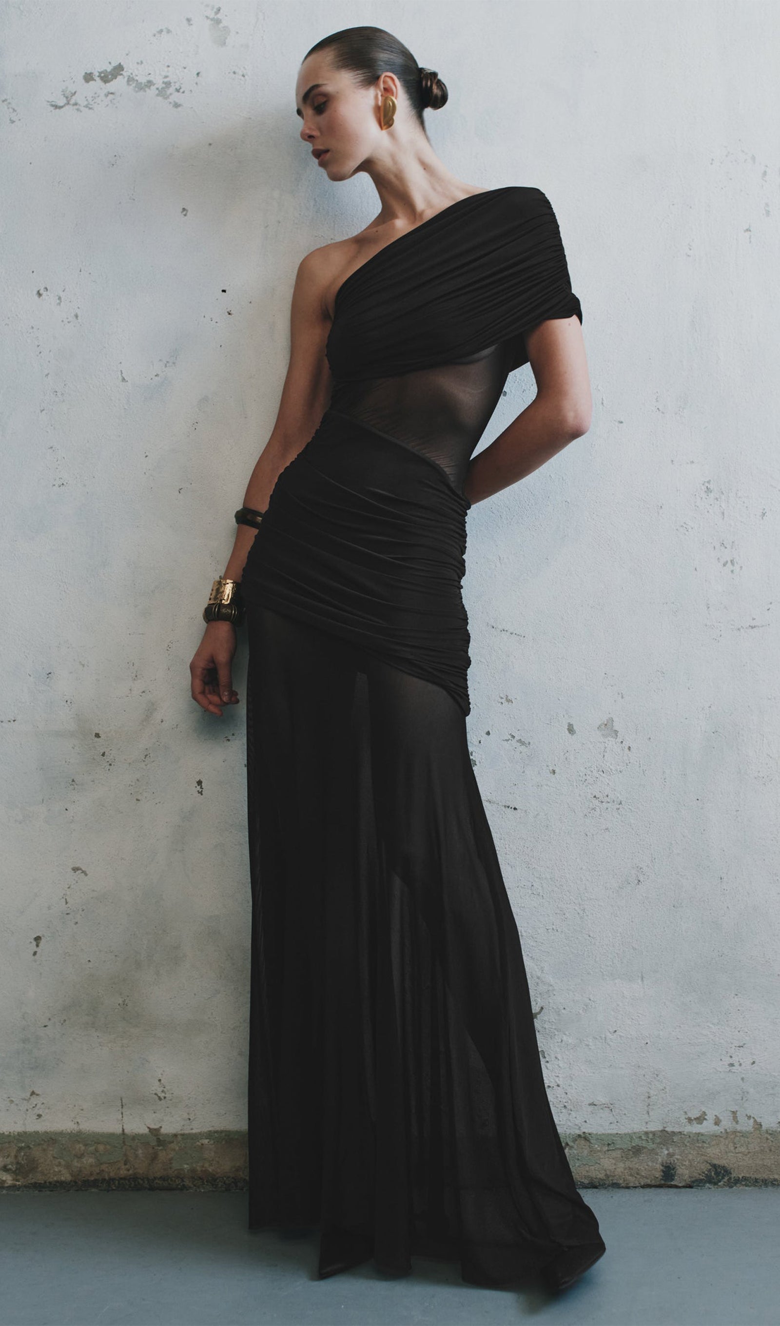 One Shoulder Mesh Maxi Dress