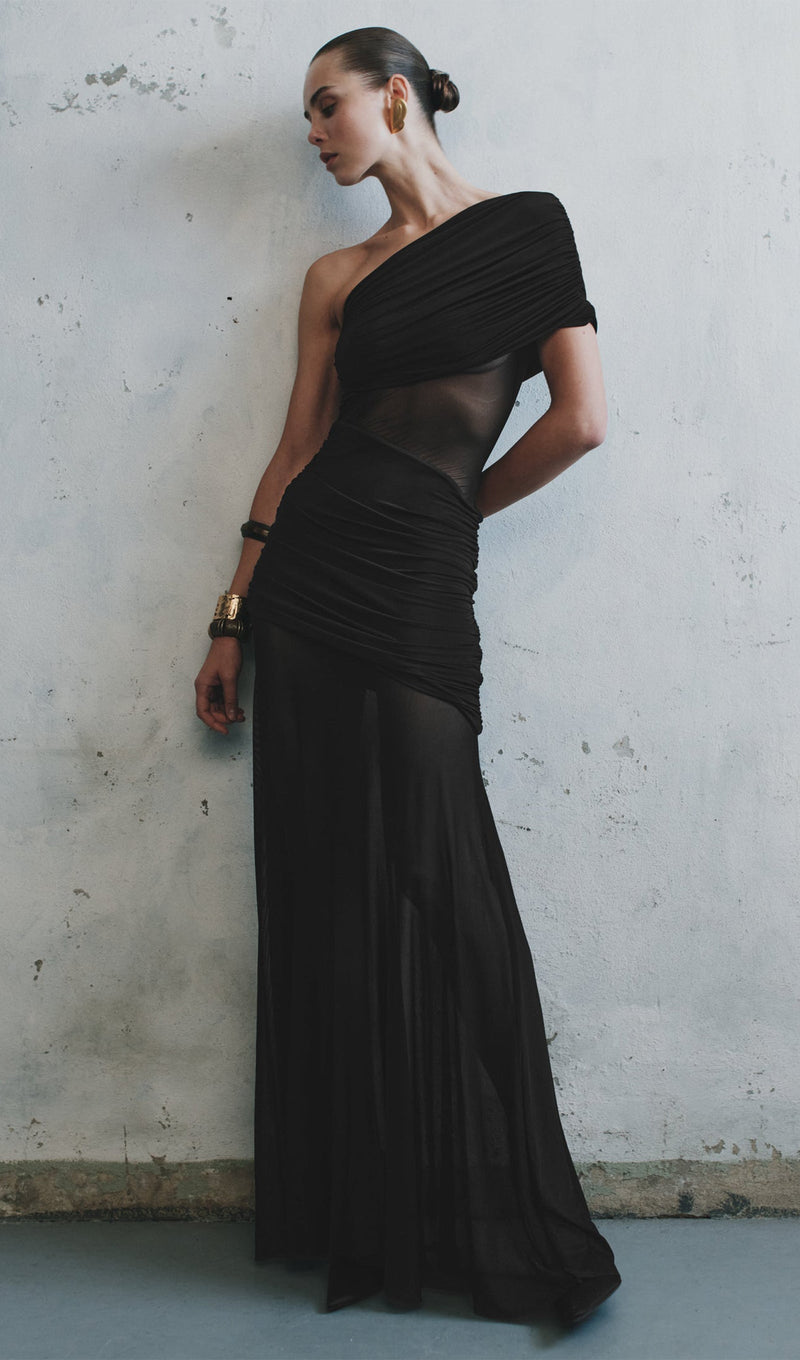 One Shoulder Mesh Maxi Dress