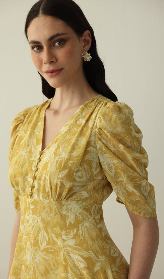 Yellow Printed Short Sleeve Midi Dress