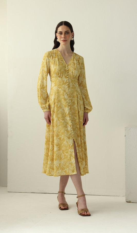 Yellow Floral Printed V Neck Midi Dress