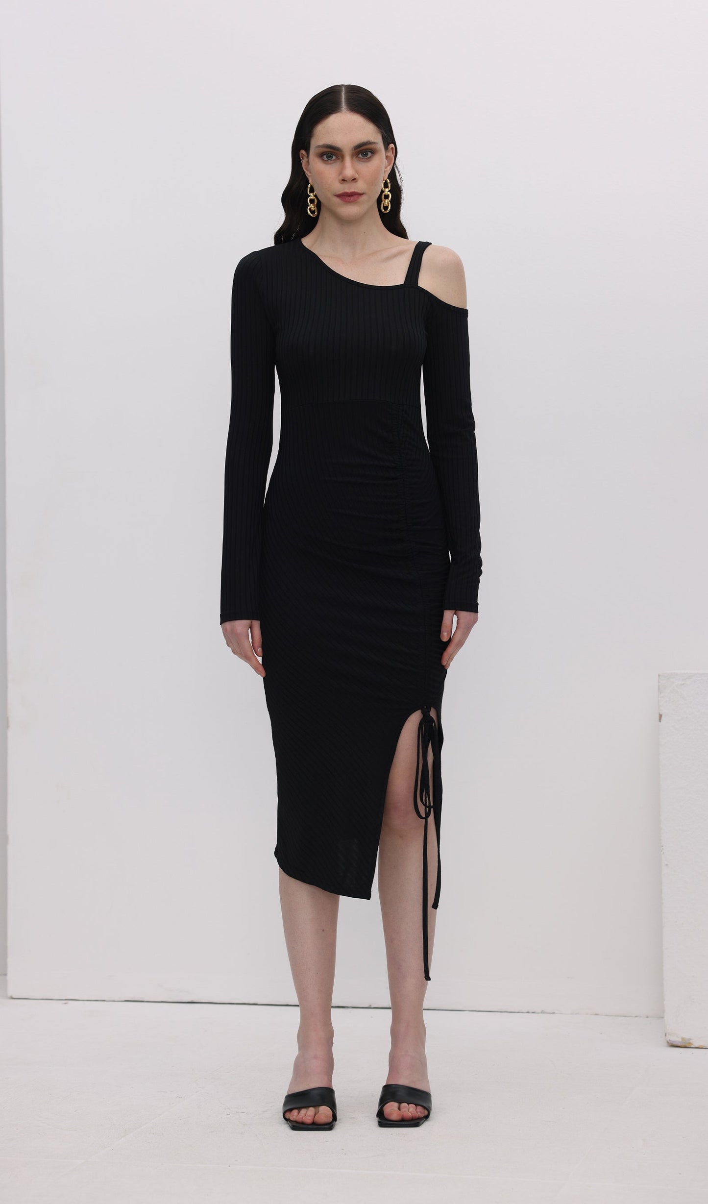 Solid Pleats Split Midi Dress