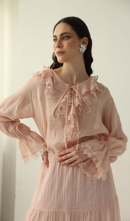 V Neck Lace Panel Ruffled Top