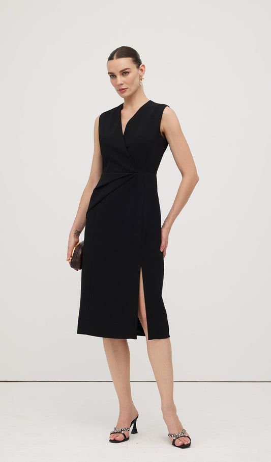 Sleeveless V Neck Pleated Midi Dress