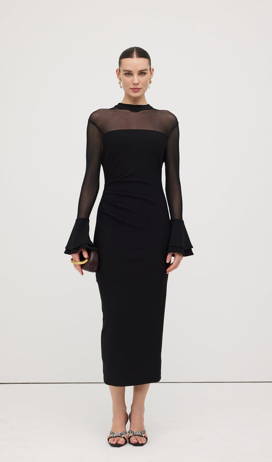Mesh Stitching Long Sleeve Midi Dress
