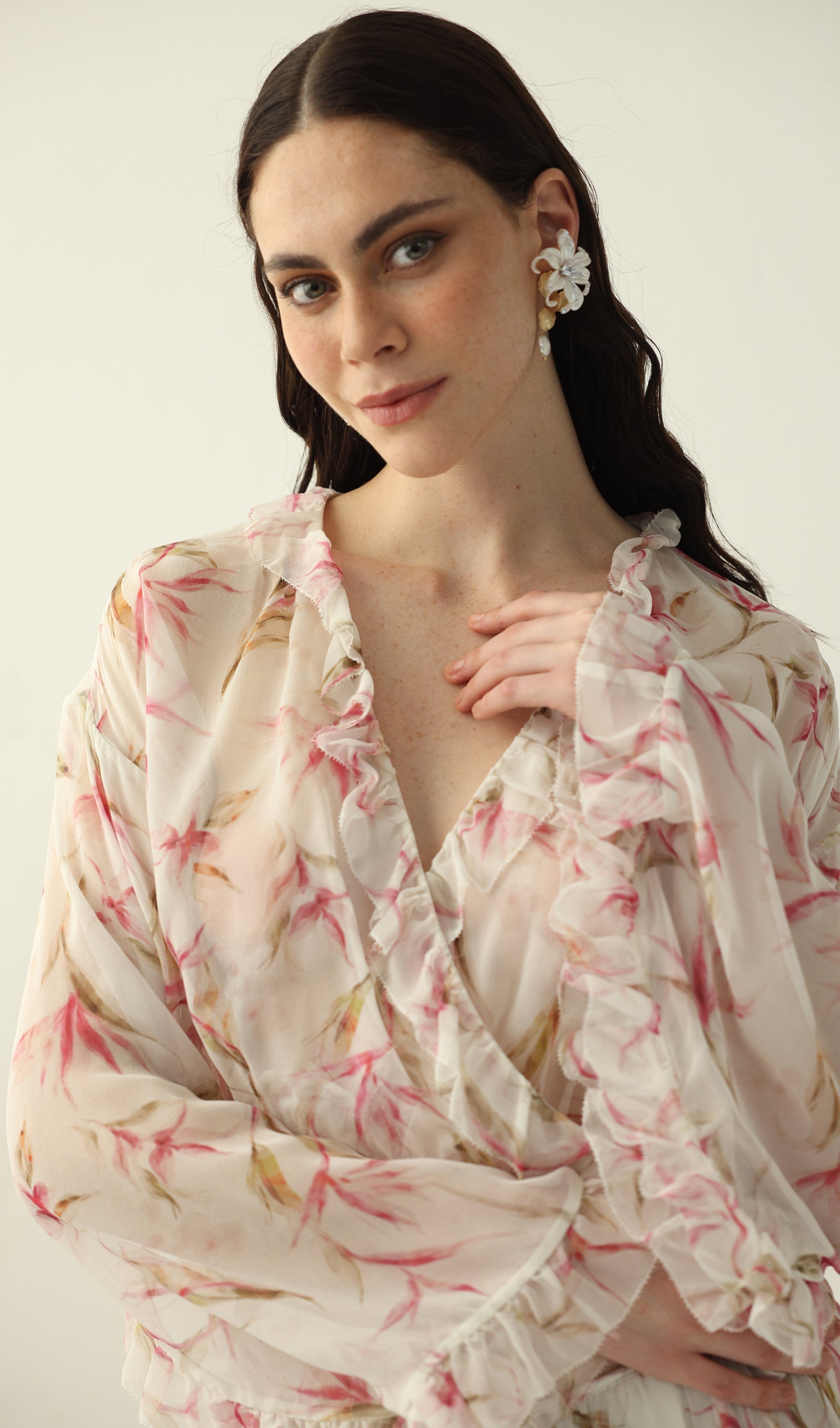 Floral Silk Ruffle Two Piece Sets