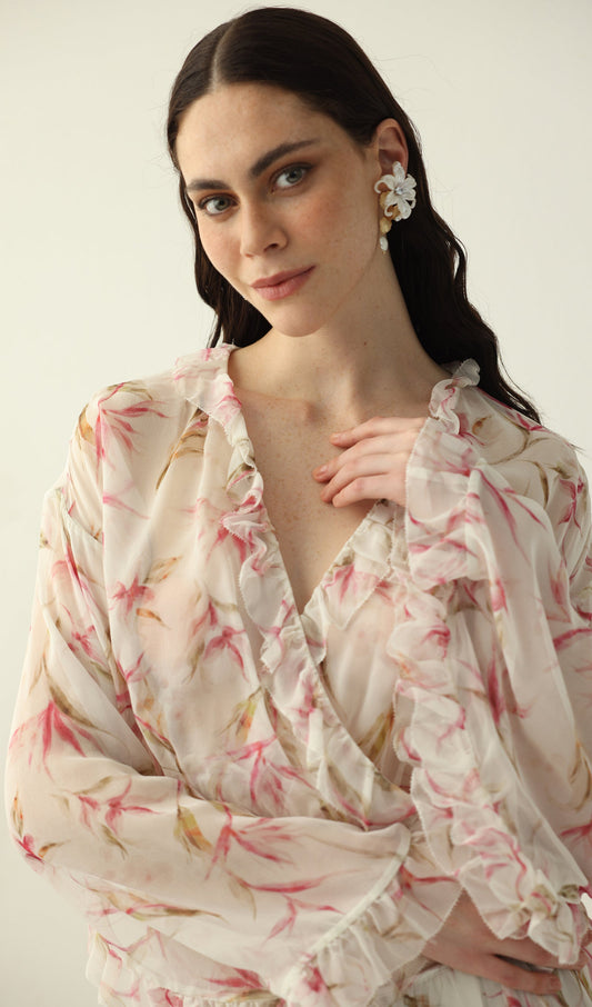 Floral Silk Ruffle Two Piece Sets