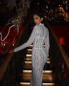 High-Neck Long-Sleeve Corset-Inspired White Lace Dress
